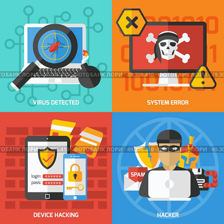 Hackers Square Compositions Set. Four colorful hacking compositions with flat images and pictograms of gadgets viral protection and hacker character vector illustration. Стоковая иллюстрация, агентство Ingram Publishing / Фотобанк Лори