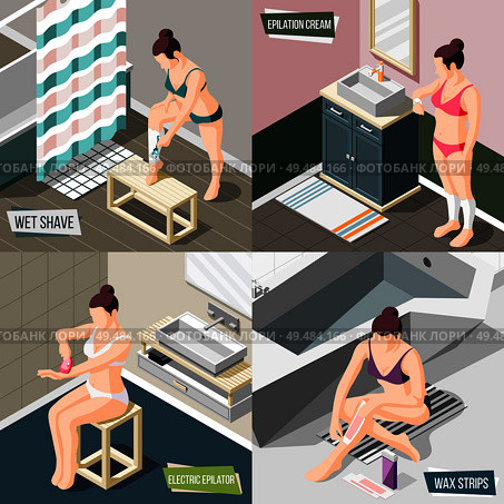 Hair removal 2x2 design concept with woman using razor epilator wax strips and depilatory cream 3d isometric isolated vector illustration. Стоковая иллюстрация, агентство Ingram Publishing / Фотобанк Лори