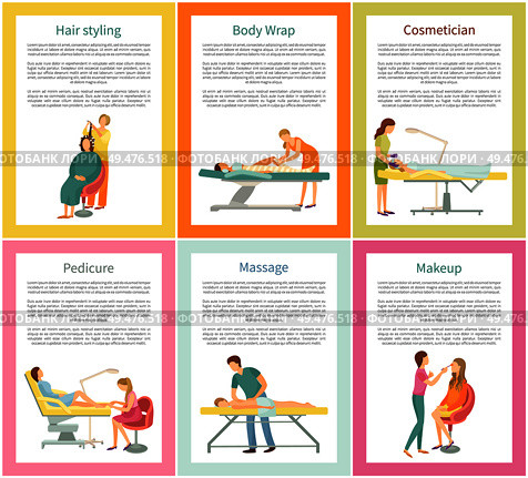 Hair styling and body wrap posters set with text sample and clients vector. Cosmetician and pedicurist, visagiste and masseur. Massage and pedicure. Hair Styling and Body Wrap Posters Set Vector. Стоковая иллюстрация, агентство Ingram Publishing / Фотобанк Лори