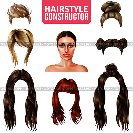 Hairstyles for women constructor including model, long and short hair, in bun, with fringe isolated vector illustration  . Hairstyles For Women Constructor. Стоковая иллюстрация, агентство Ingram Publishing / Фотобанк Лори
