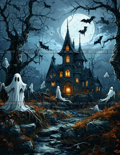 Halloween - annually October 31. One of the most famous attributes is the pumpkin lantern, or Jack's lamp — it is a hollow pumpkin, on which an ominous grimace is carved, and a candle is placed inside. Стоковое AI-изображение, AI-художник Сергей Елизарьев / Фотобанк Лори