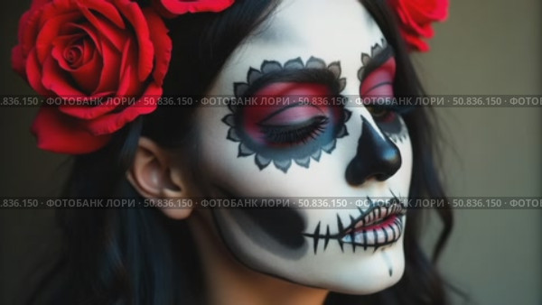 Halloween beauty skeleton woman makeup face. Girl death Halloween costume. Day of The Dead. Charming and dangerous Calavera Catrina. Стоковое AI-видео, аниматор Sergey Grishin / Фотобанк Лори