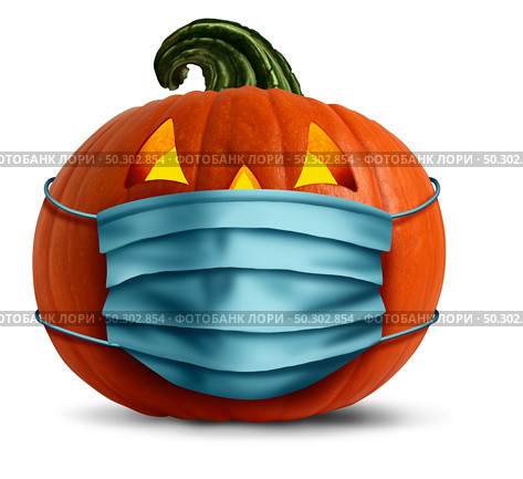 Halloween face mask as a jack o lantern pumpkin wearing a medical face mask as an autumn symbol for disease control and virus infection and coronavirus or covid-19 safety in a 3D illustration style. Стоковое фото, агентство Ingram Publishing / Фотобанк Лори