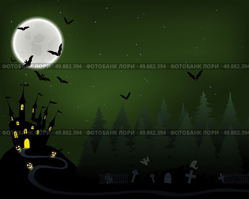 Halloween Greeting (Invitation)  Card. Elegant Design With Castle in Fir Forest, Flying Bats, Moon and Cemetery With Ghosts  Over Grunge Dark Green Starry Sky Background. Vector illustration. Стоковая иллюстрация, агентство Ingram Publishing / Фотобанк Лори