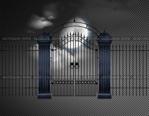Halloween realistic night composition with old cemetery gates and moon on transparent background vector illustration. Стоковая иллюстрация, агентство Ingram Publishing / Фотобанк Лори
