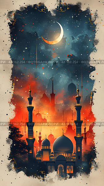 Hand-drawn greeting card islamic holiday banner suitable for Ramadan, Raya Hari, Eid al-Adha and Mawlid. Attributes of a mosque, a crescent and a lit lantern. Стоковое AI-изображение, AI-художник Мария Фадеева / Фотобанк Лори