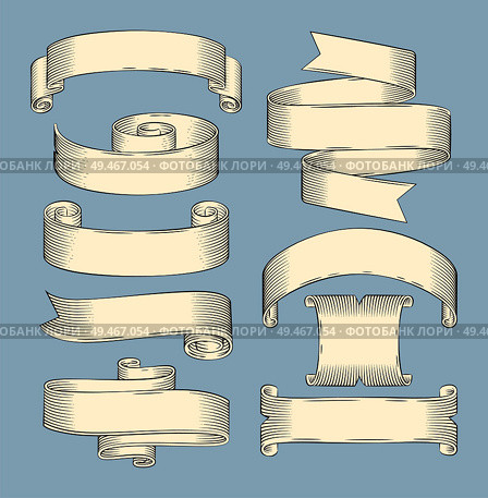 Hand drawn sketch set of decorative ribbon vector icon. Monochrome shaped stripes, curly and scroll, horizontal rolled strings, lineart outline style. Hand drawn sketch set of ribbons vector icon. Стоковая иллюстрация, агентство Ingram Publishing / Фотобанк Лори