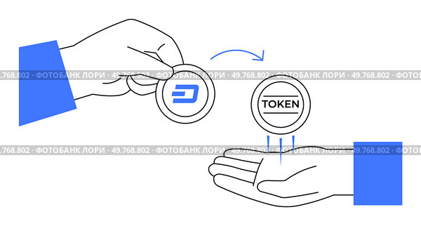 Hand exchanges Dash coin for a token in blue-and-white minimalist vector art. Ideal for cryptocurrency, blockchain, digital transactions, finance, and technology education themes. Modern, simple. Exchanging Cryptocurrency Tokens A Simple Representation of Digital Asset Transfers. Стоковая иллюстрация, агентство Ingram Publishing / Фотобанк Лори