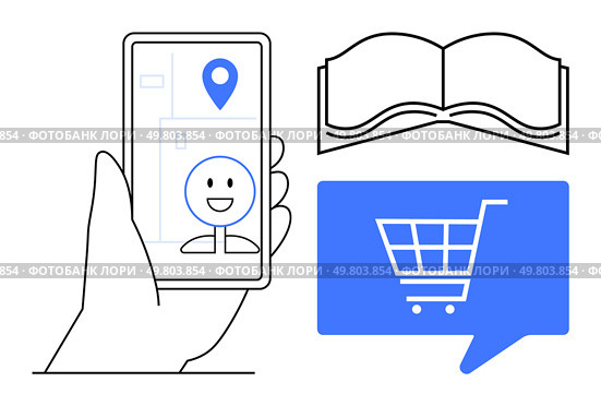 Hand holding a smartphone with a map and location pin, smiling face icon, open book illustration, shopping cart symbol in speech bubble. Ideal for navigation apps, online shopping, digital learning. Navigating Maps on Smartphone with Shopping Cart Icon and Open Book for Multitasking. Стоковая иллюстрация, агентство Ingram Publishing / Фотобанк Лори