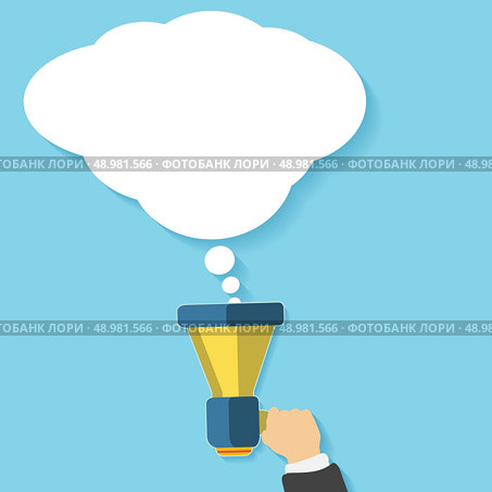 Hand holding a yellow megaphone with white bubble. Business concept of marketing in flat design. White bubble speech in social communication concept. Стоковая иллюстрация, агентство Ingram Publishing / Фотобанк Лори