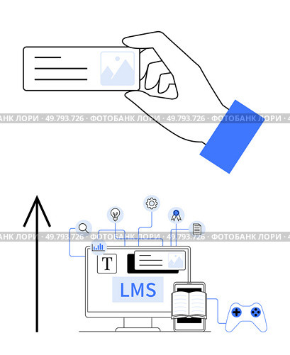 Hand holding card with image and text, computer with LMS interface, upward arrow. Ideal for e-learning, education technology, online courses, digital credentials, skill development, professional. Hand holding card with digital learning icons and upward arrow representing growth and progression. Стоковая иллюстрация, агентство Ingram Publishing / Фотобанк Лори