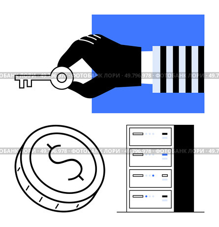 Hand holding key, stack of servers, and coin with dollar sign. Ideal for cybersecurity, data access, server management, finance security, digital currency technology startups. Line metaphor. Hand holding a key representing data access control, server security, and cryptocurrency management. Стоковая иллюстрация, агентство Ingram Publishing / Фотобанк Лори