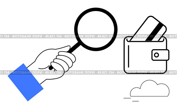 Hand holding magnifying glass examining wallet containing credit card, accompanied by a cloud. Ideal for finance, security, personal finance, banking, fraud detection, budgeting, analytical insights. Hand holding magnifying glass inspecting wallet with credit card, emphasizing financial scrutiny and analysis. Стоковая иллюстрация, агентство Ingram Publishing / Фотобанк Лори