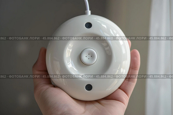 Hand holding modern smart home device with sensors and holes. Стоковое AI-изображение, AI-художник Иван Рябоконь / Фотобанк Лори