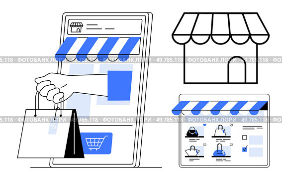 Hand holding shopping bags from smartphone screen, storefront icon, and tablet with shopping interface. Ideal for retail, online sales, e-commerce, marketing, mobile apps, customer engagement. Online Shopping and E-commerce Concept with Smartphone, Shopping Bags, and Virtual Storefronts. Стоковая иллюстрация, агентство Ingram Publishing / Фотобанк Лори