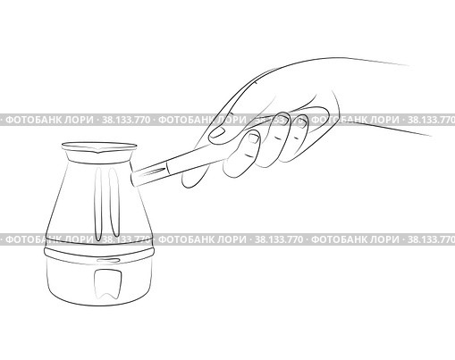 Hand holds metal turk with wooden handle. Turk for brewing coffee. Coffee pot for cooking flavored black Turkish coffee. Sketch on white background. Editable linear contour drawing. Рука держит металлическую турку с деревянной ручкой. Турка для заваривания кофе. Кофейник для приготовления ароматного черного турецкого кофе. Эскиз на белом фоне. Редактируемый линейный контурный рисунок. Стоковая иллюстрация, иллюстратор Dmitry Domashenko / Фотобанк Лори