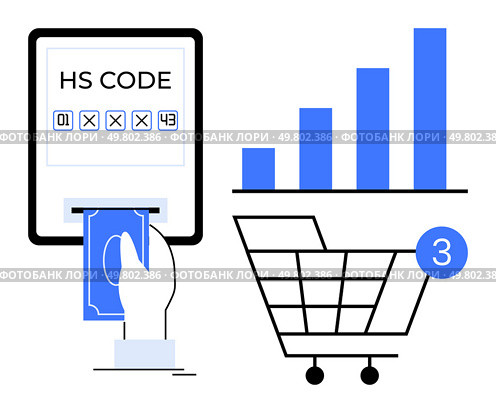 Hand inserting money into slot machine with HS CODE text, bar graph, and a shopping cart with a 3 badge. Ideal for e-commerce, finance, trade, shopping, market analysis, data visualization. Hand inserting money into slot machine next to shopping cart and bar graph illustrating business trends. Стоковая иллюстрация, агентство Ingram Publishing / Фотобанк Лори