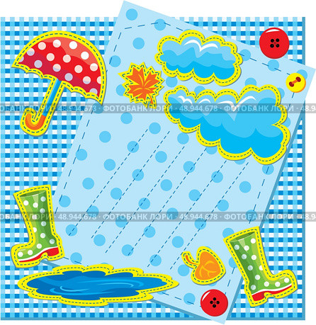 hand made frame in autumn style with rain, clouds, puddle, rubber boots and umbrella - is made of polka dot and checkered fabric. Стоковая иллюстрация, агентство Ingram Publishing / Фотобанк Лори