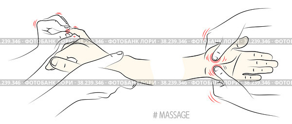 Hand massage, close-up. Physiotherapist presses special points on female palm to relieve headaches and other pains. Health and wellness acupressure manipulations. Alternative medicine, reflexology. Массаж рук, крупный план. Физиотерапевт нажимает на специальные точки на женской ладони, чтобы облегчить головную и другие боли. Акупрессурные манипуляции для здоровья и хорошего самочувствия. Альтернативная медицина, рефлексотерапия. Стоковая иллюстрация, иллюстратор Dmitry Domashenko / Фотобанк Лори