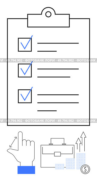 Hand pointing at checklist on clipboard with three checked boxes. Icons of briefcase, ascending arrows, bar graphs, and dollar coin. Ideal for productivity, organization, business growth, financial. Hand Pointing at Checklist on Clipboard with Business Icons and Financial Growth Elements. Стоковая иллюстрация, агентство Ingram Publishing / Фотобанк Лори