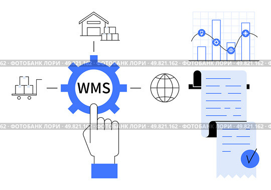 Hand points to WMS on a gear. Nearby are a warehouse, cart, graph, globe, and document. Ideal for logistics, inventory control, warehousing, supply chain management, and business analytics themes. Warehouse Management System Overview with Graphs and Logistics Elements. Стоковая иллюстрация, агентство Ingram Publishing / Фотобанк Лори
