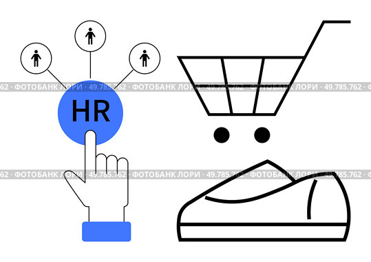 Hand pressing HR button with human silhouettes, shopping cart icon, shoe illustration. Ideal for human resources, e-commerce, retail, recruitment, business strategy, online shopping, team management. HR Finger Selection, Shopping Cart, and Shoe Icons Depict Human Resources, E-commerce, and Footwear. Стоковая иллюстрация, агентство Ingram Publishing / Фотобанк Лори
