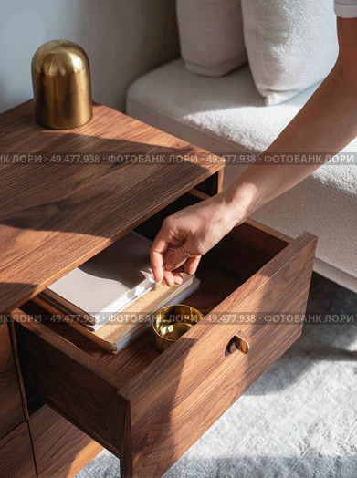 Hand reaching into wooden drawer beside modern sofa, revealing notebooks and a small gold bowl, bathed in warm natural light with minimalist interior decor. Стоковое AI-изображение, AI-художник Катерина Бондарец / Фотобанк Лори