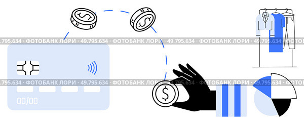 Hand tossing coins toward credit card, symbolizing electronic transactions. Clothing rack and pie chart suggest retail and financial analytics. Ideal for finance, shopping, digital payments, retail. Digital payment transaction concept with coins, credit card, clothing rack, and pie chart. Стоковая иллюстрация, агентство Ingram Publishing / Фотобанк Лори