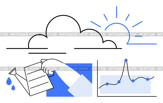 Hand watering can cloud sun and graph underscore growth strategy, sustainability, data-driven insight, innovation, balance, productivity. Ideal for business strategy, innovation, growth. Balancing Growth and Analysis Integrating Nature with Business Insights. Стоковая иллюстрация, агентство Ingram Publishing / Фотобанк Лори