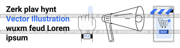 Hand with smart watch taps screen, megaphone announces, and shopping cart in store front. Ideal for digital marketing, mobile apps, e-commerce, online communication, tech tutorials, user interface. Digital Communication Elements Online Shopping Cart, Hand Gesture, Megaphone Icon. Стоковая иллюстрация, агентство Ingram Publishing / Фотобанк Лори