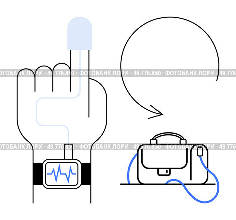 Hand with wearable health monitor on wrist and sensor on finger, transferring data to a briefcase with a digital interface. Ideal for healthcare, technology, telemedicine, wearables, fitness, data. Wearable Health Monitoring Device and Data Transfer to Portable Briefcase Storage. Стоковая иллюстрация, агентство Ingram Publishing / Фотобанк Лори