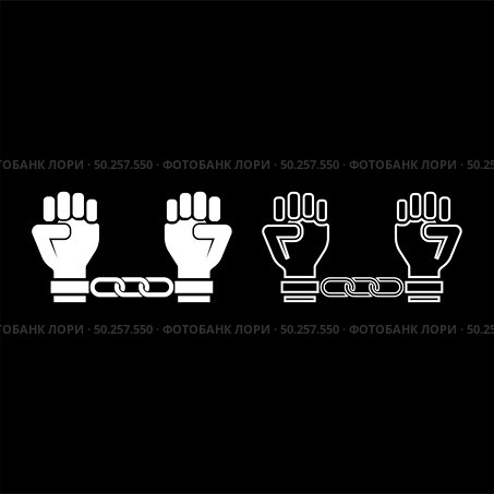 Handcuffed hands Chained human arms Prisoner concept Manacles on man Detention idea Fetters confine Shackles on person icon outline set white color vector illustration flat style simple image. Handcuffed hands Chained human arms Prisoner concept Manacles on man Detention idea Fetters confine Shackles on person icon outline set white color vector illustration flat style image. Стоковая иллюстрация, агентство Ingram Publishing / Фотобанк Лори