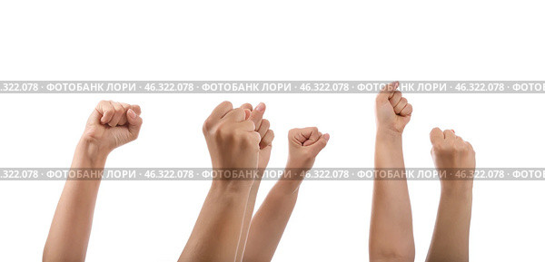 Hands of protesting people on white background. Стоковое фото, фотограф Pixel_shot / Фотобанк Лори