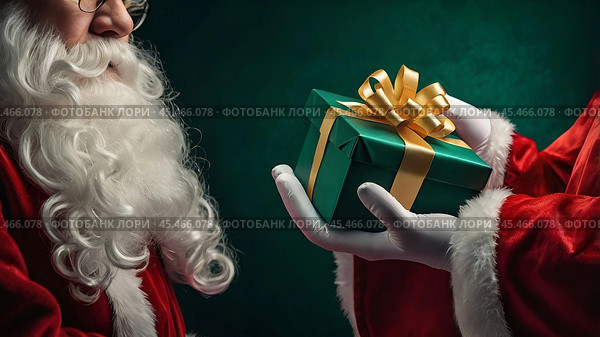 Hands of Santa Claus in close-up with a gift box in his hands on a green background. Gifts from Santa Claus. Стоковое AI-изображение, AI-художник Photojuli / Фотобанк Лори