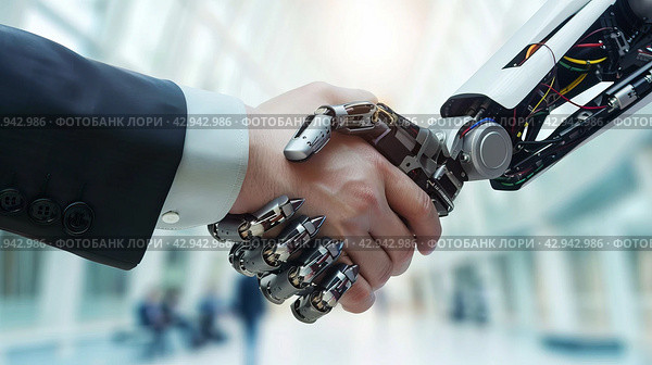 handshake between a robot and a business man close-up on a light background. Стоковое AI-изображение, AI-художник Александр Довянский / Фотобанк Лори