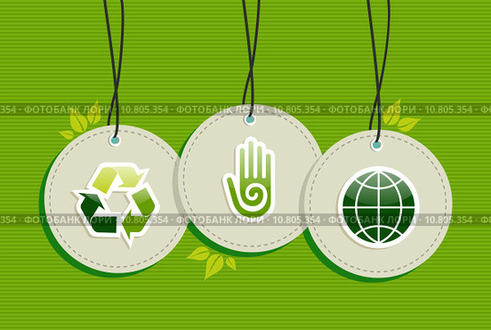 Hanging green recycle planet earth icons set. Стоковая иллюстрация, иллюстратор Cienpies Design / Smarterpix / Фотобанк Лори