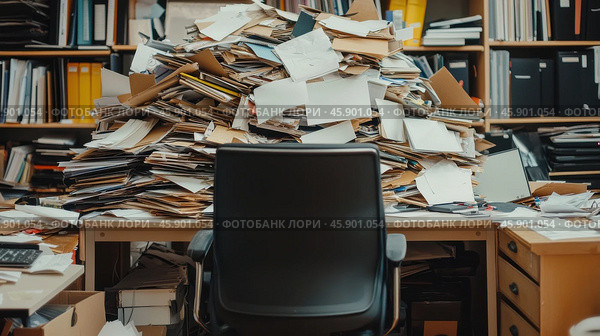 Хаос в офисе с кучей переработанных бумаг и документов на рабочем месте. Стоковое AI-изображение, AI-художник ФотоИнтеллект / Фотобанк Лори