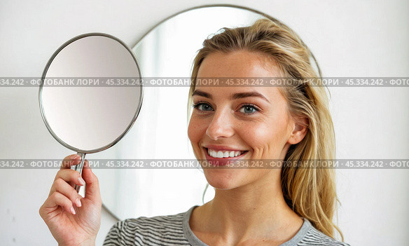 Happy and beautiful young woman is seen in front of mirror, promoting beauty products and leading healthy lifestyle. Стоковое AI-изображение, AI-художник Павел Муравьев / Фотобанк Лори