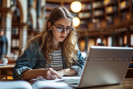 Happy Caucasian teen girl school or college student working on laptop doing homework or preparing for exam in library sitting at desk. Learning math and individual schoolwork concept, close up view. Стоковое AI-изображение, AI-художник Sergey Grishin / Фотобанк Лори