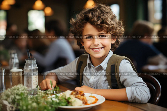 Happy child having lunch during break time in school cafeteria. Стоковое AI-изображение, AI-художник Ирина Михайличенко / Фотобанк Лори