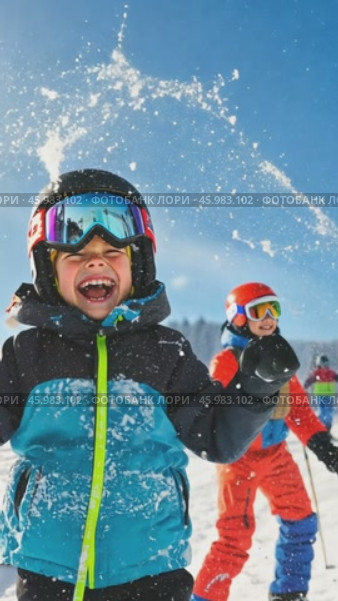Happy child throwing snow in the air while skiing. Стоковое AI-видео, аниматор Юрий Поздников / Фотобанк Лори