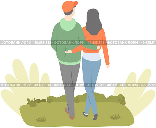 Happy couple in love walking in park. Tall guy spends time with pretty girl outdoors. Outdoor activity vector. People in relationship walk on fresh air. Man and woman walking in embrace on date. Happy couple in love walking in embrace. People in relationship spend time together in park. Стоковая иллюстрация, агентство Ingram Publishing / Фотобанк Лори