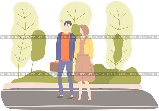 Happy couple in love walking in park. Tall guy spends time with pretty girl outdoors. Outdoor activity vector. People in relationship walk on fresh air. Man and woman walking in embrace on date. Happy couple in love walking in embrace. People in relationship spend time together in park. Стоковая иллюстрация, агентство Ingram Publishing / Фотобанк Лори