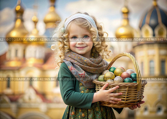 Happy Easter. Christianity. Portrait of a three-year-old girl in a Russian folk shawl with a wicker basket with Easter eggs in her hands against the background of an Orthodox church. Стоковое AI-изображение, AI-художник Photojuli / Фотобанк Лори