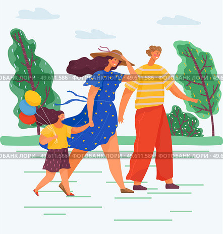 Happy family walk in the park. Family walk during warm season and windy weather. Mom, dad and daughter with balloons in her hands are walking down the street during a strong wind. Healthy lifestyle. Happy family walk in the park. Healthy lifestyle. Family walk during warm season and windy weather. Стоковая иллюстрация, агентство Ingram Publishing / Фотобанк Лори