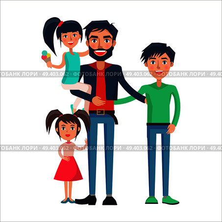 Happy father of many children vector illustration isolated on white background. Dad with two adorable daughters and teenager son. Happy Father of Many Children Vector Illustration. Стоковая иллюстрация, агентство Ingram Publishing / Фотобанк Лори