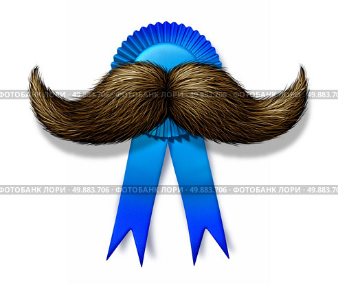 Happy fathers day and I love you Dad award with a blue ribbon crest and a mustache or moustache as a celebration of fatherhood holiday symbol on a white background. Стоковое фото, агентство Ingram Publishing / Фотобанк Лори