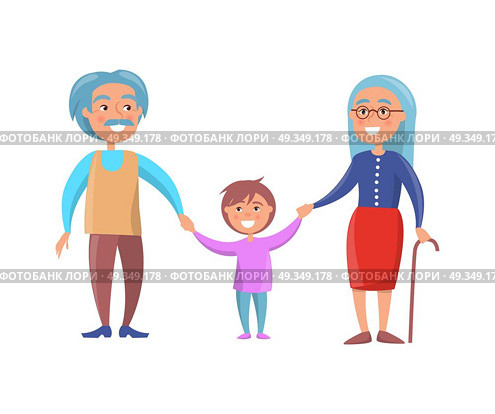 Happy Grandparents Day Senior Couple with Grandson. Old couple walking with grandson holding hands vector illustration isolated on white background. Grandmother with stick and grandpa with moustaches. Стоковая иллюстрация, агентство Ingram Publishing / Фотобанк Лори