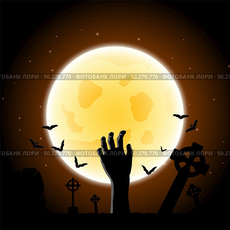 Happy Halloween Greeting Card. Elegant Design With Zombie Hand, Bat, Grave, Cemetery and Moon  Over Grunge Dark Blue Starry Sky Background. Vector illustration. Стоковая иллюстрация, агентство Ingram Publishing / Фотобанк Лори