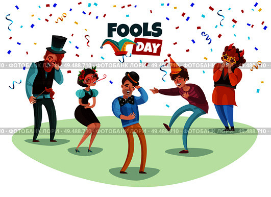 Happy laughing people celebrating april fools day cartoon vector illustration. Стоковая иллюстрация, агентство Ingram Publishing / Фотобанк Лори